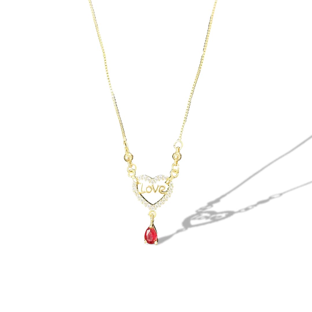 Gold Love Heart Pendant with Red Gem-12