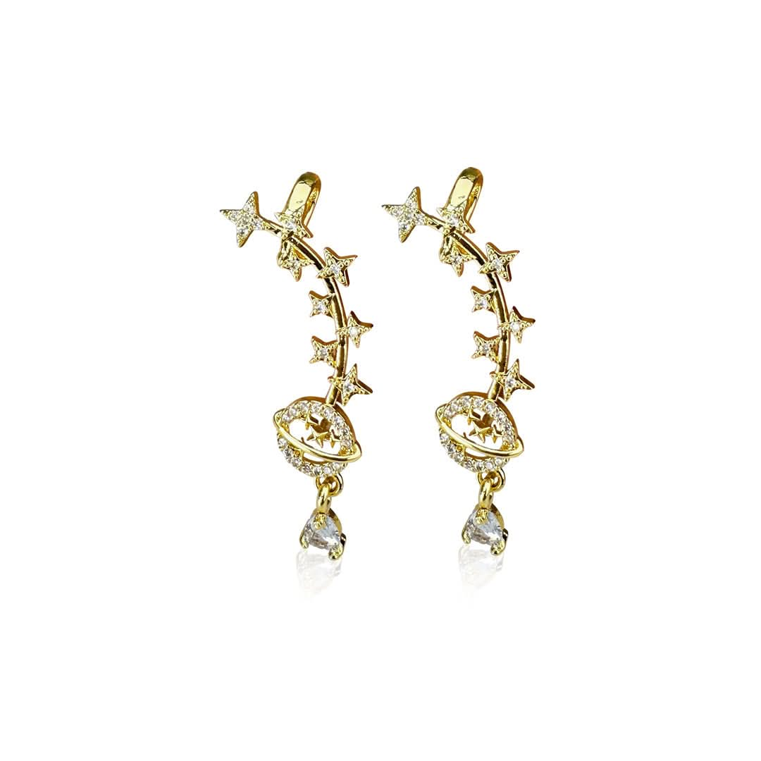 Stylish Gold-Tone Ear Climbers with Star and Planet Motif – Modern Jewelry for Trendsetters